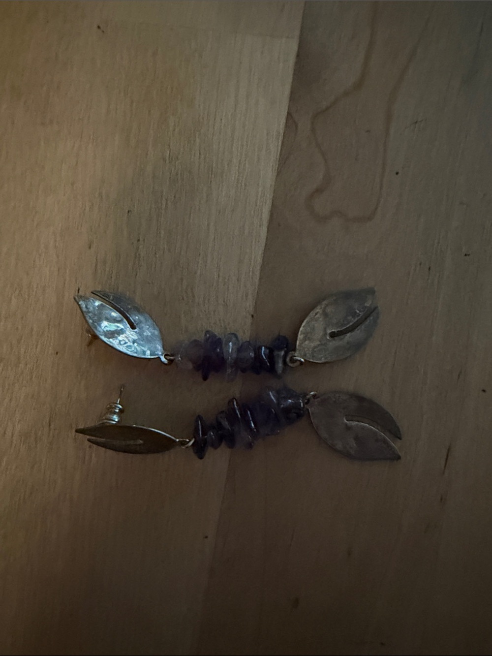 Amethyst Chip & Silver Leaf Drop Earrings - Women Jewelry
